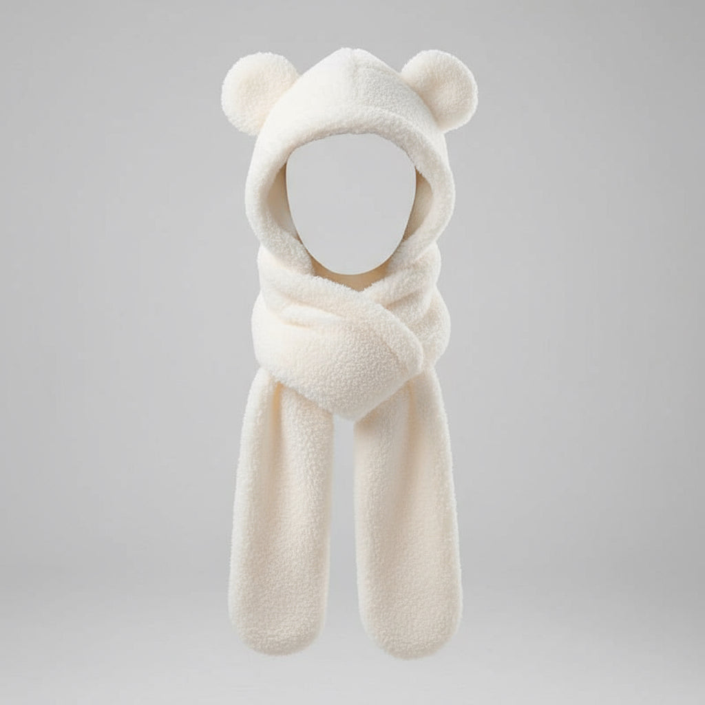 Damen-Wintermütze und Schal aus Plüsch mit Fuchsohren