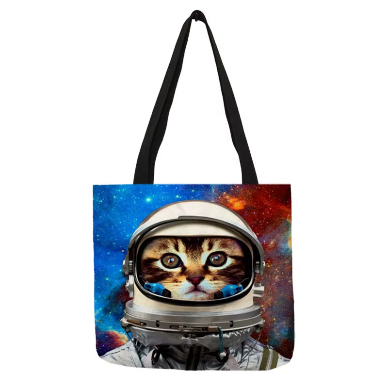 Cute Cartoon Cat Print Tote Handbag for Women Ladies Linen Cloth Shoulder Bag Outdoor Casual Leisure Shopping Bags for Groceries