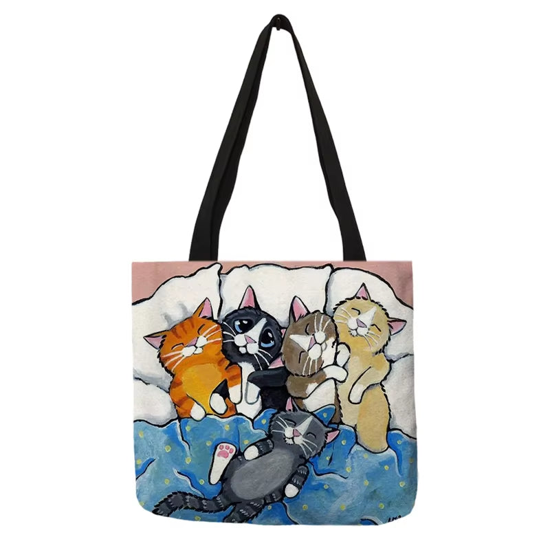 Cute Cartoon Cat Print Tote Handbag for Women Ladies Linen Cloth Shoulder Bag Outdoor Casual Leisure Shopping Bags for Groceries