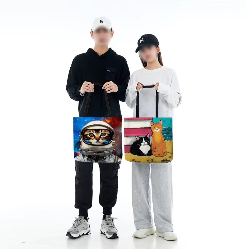 Cute Cartoon Cat Print Tote Handbag for Women Ladies Linen Cloth Shoulder Bag Outdoor Casual Leisure Shopping Bags for Groceries