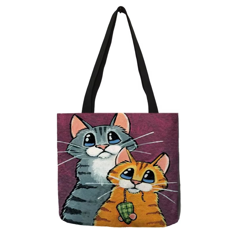 Cute Cartoon Cat Print Tote Handbag for Women Ladies Linen Cloth Shoulder Bag Outdoor Casual Leisure Shopping Bags for Groceries