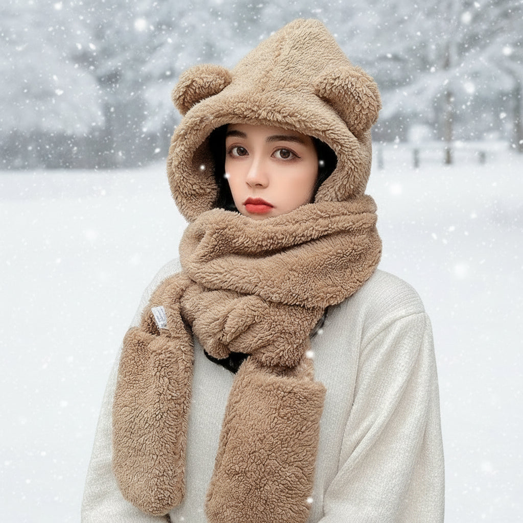 Damen-Wintermütze und Schal aus Plüsch mit Fuchsohren