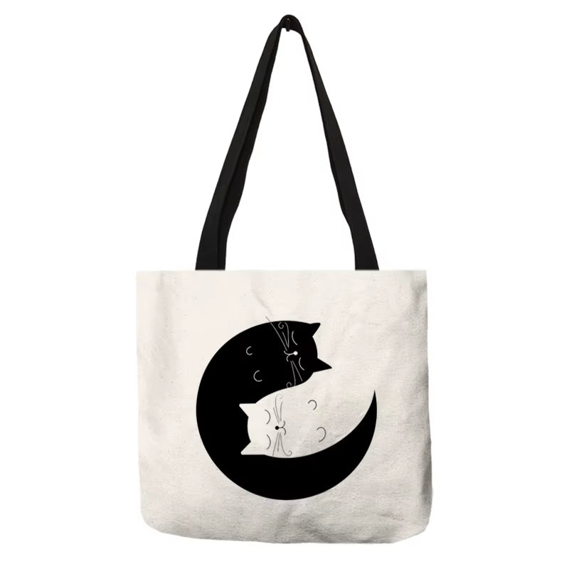 Cute Cartoon Cat Print Tote Handbag for Women Ladies Linen Cloth Shoulder Bag Outdoor Casual Leisure Shopping Bags for Groceries