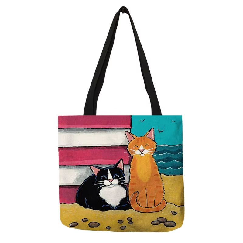 Cute Cartoon Cat Print Tote Handbag for Women Ladies Linen Cloth Shoulder Bag Outdoor Casual Leisure Shopping Bags for Groceries